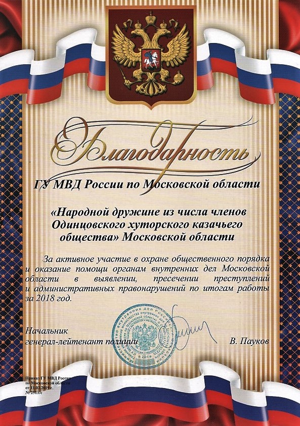 Благодарность казакам-дружинникам Благодарность казакам-дружинникам